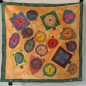 Vintage Arty’s Silk Scarf 22x22 Abstract Clocks Timepiece Art Print